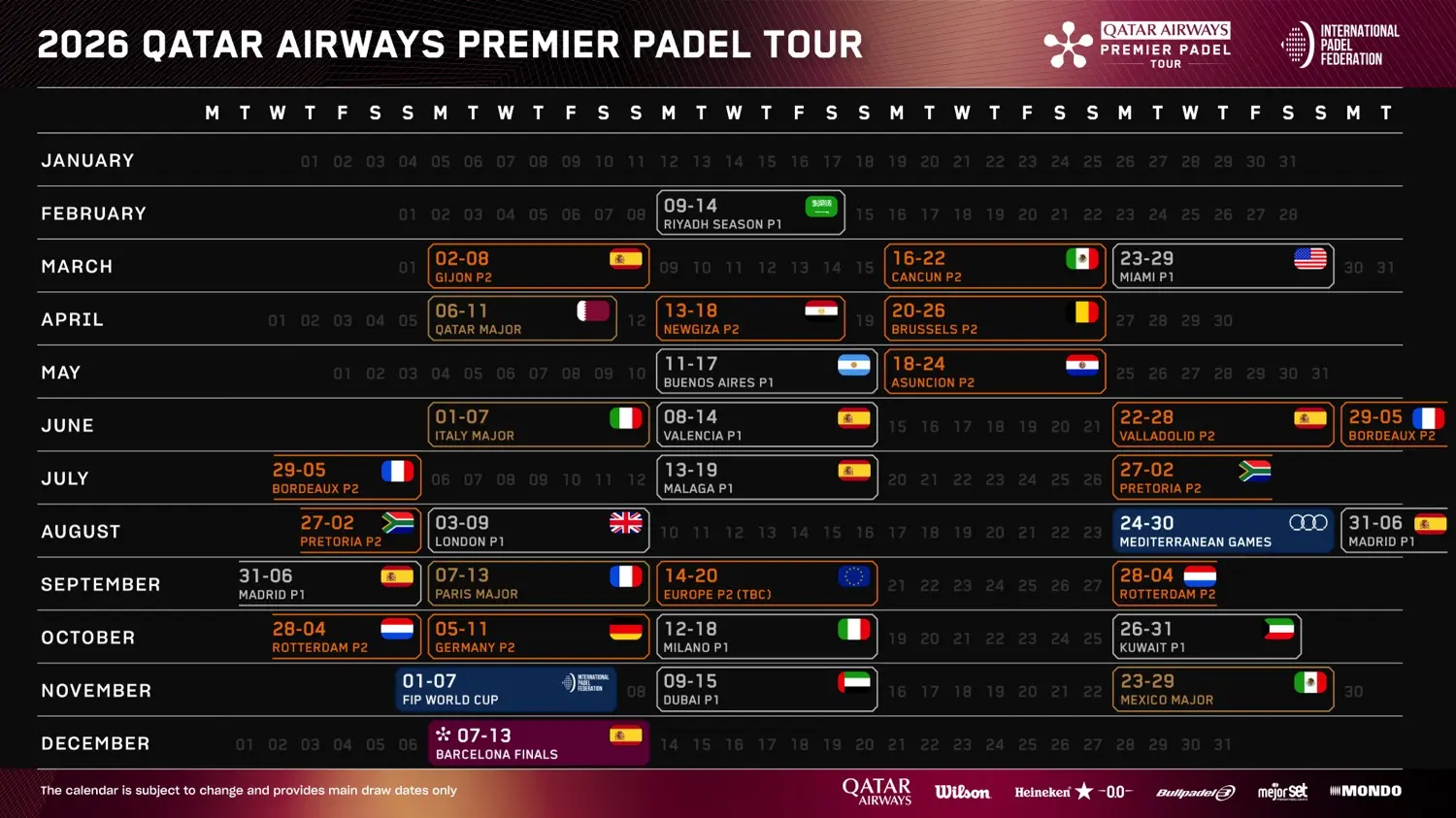 Calendario Qatar Airways Premier Padel Tour 2026
