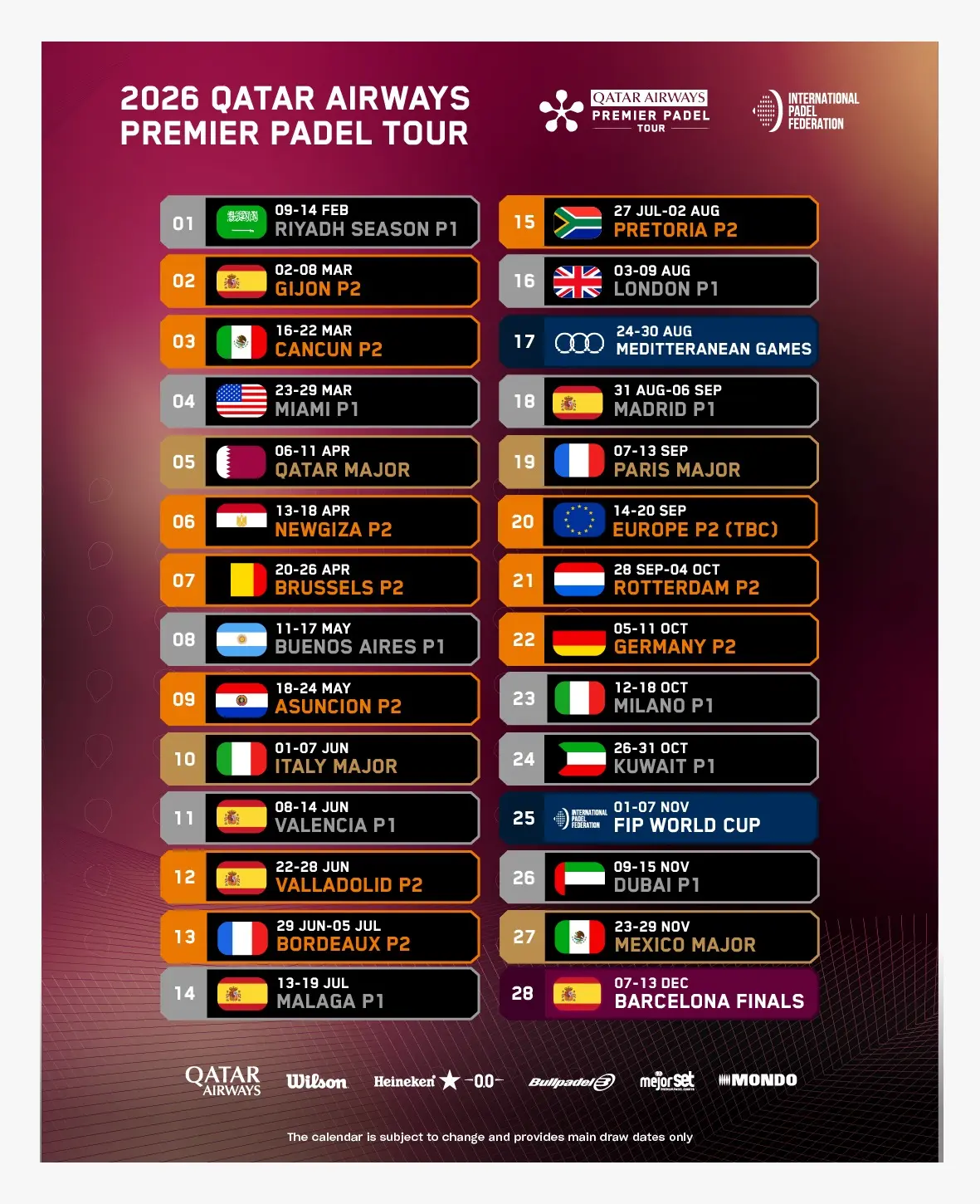 Calendario Qatar Airways Premier Padel Tour 2026