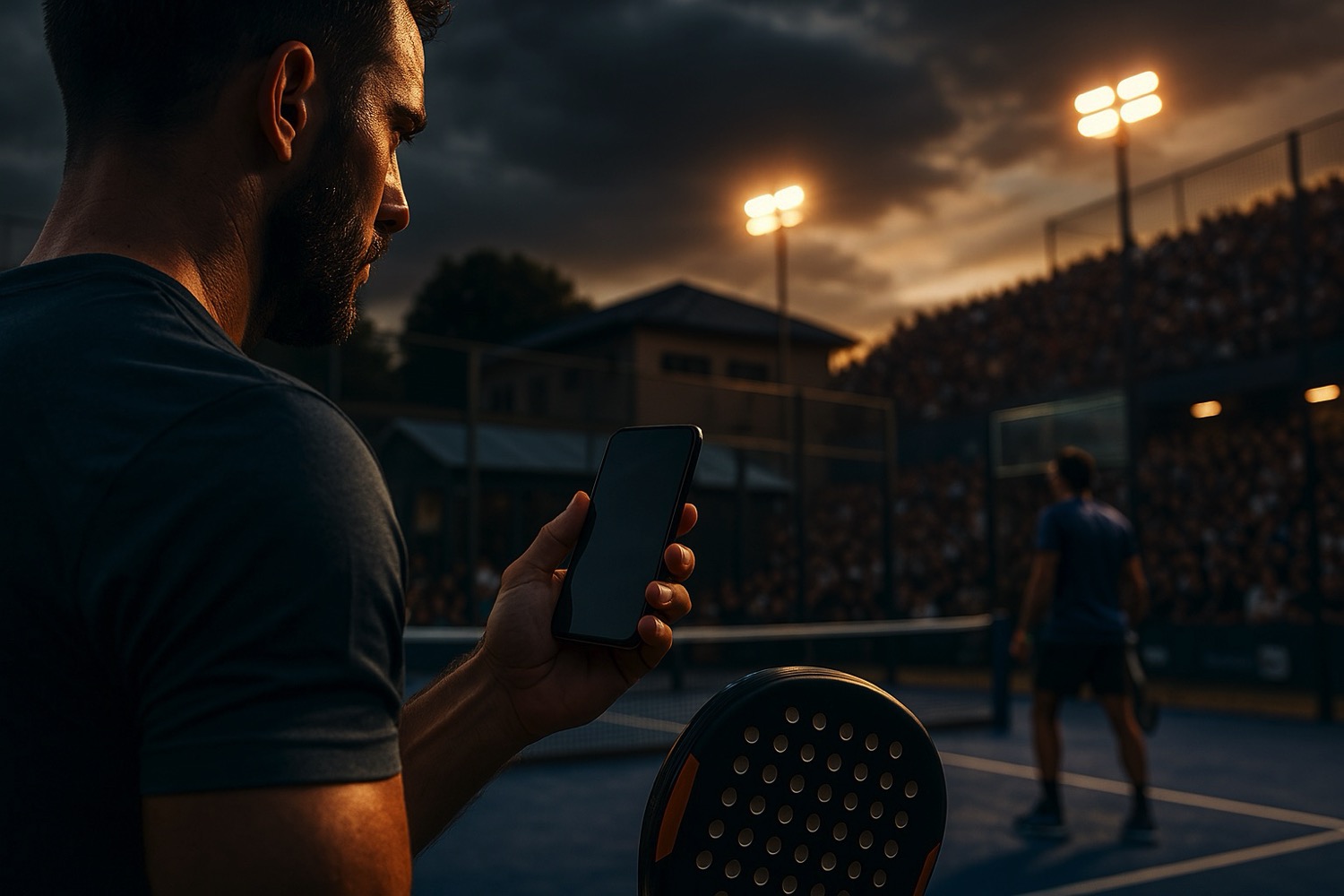 Jugador de pádel buscando club en su móvil en un torneo